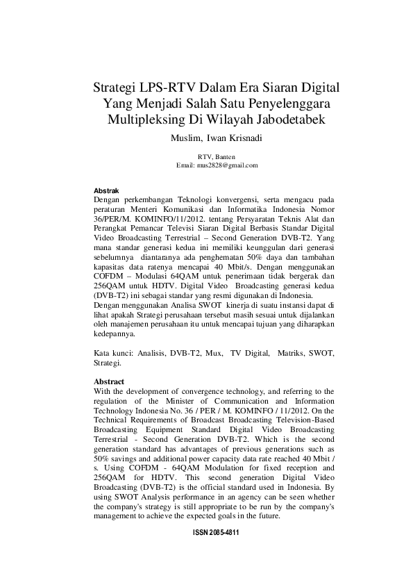 (PDF) Strategi LPS-RTV Dalam Era Siaran Digital Yang Menjadi Salah Satu ...