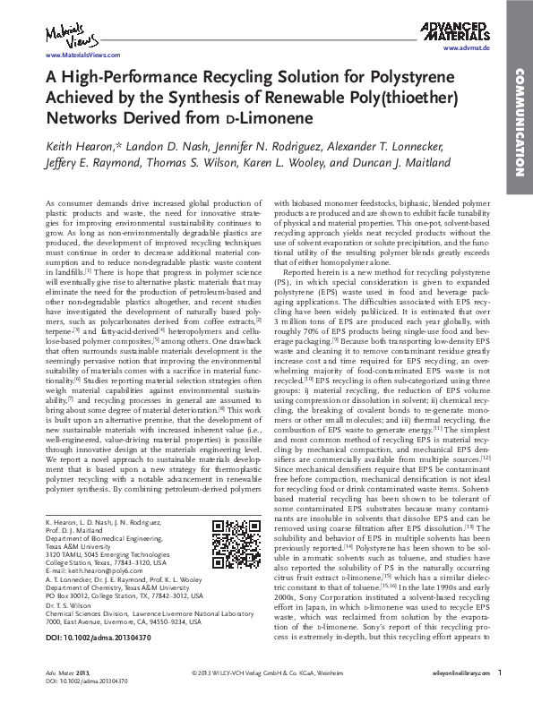 (PDF) A High‐Performance Recycling Solution for Polystyrene Achieved by ...