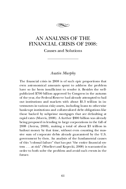(PDF) An Analysis of the Financial Crisis of 2008: Causes and Solutions