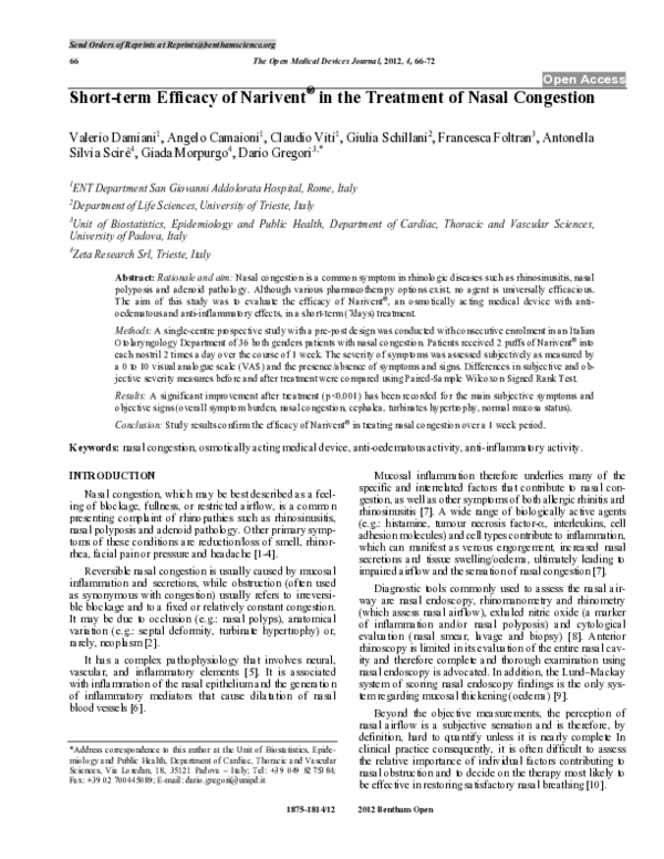 (PDF) Short-term efficacy of Narivent® in the treatment of nasal congestion