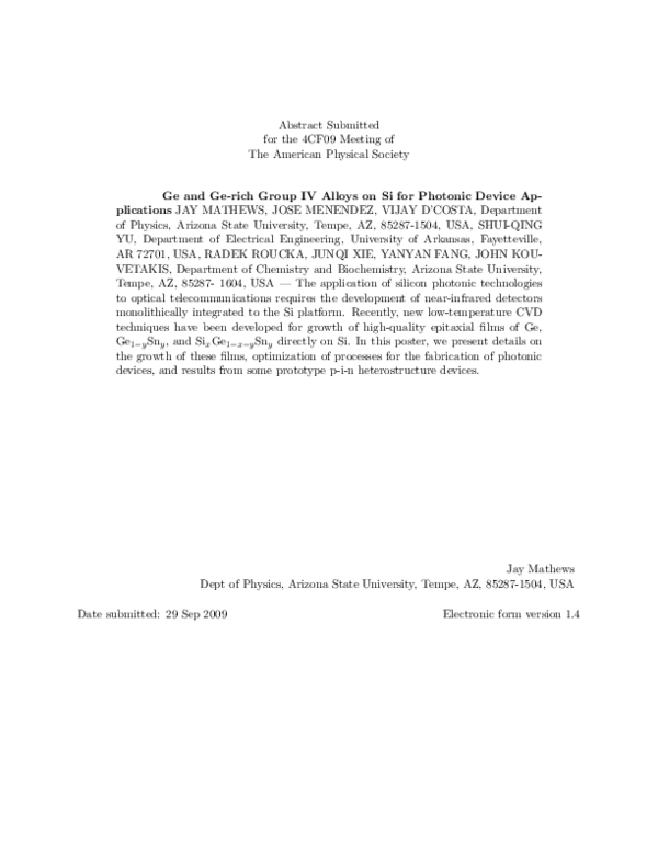 (PDF) Ge and Ge-rich Group IV Alloys on Si for Photonic Device Applications