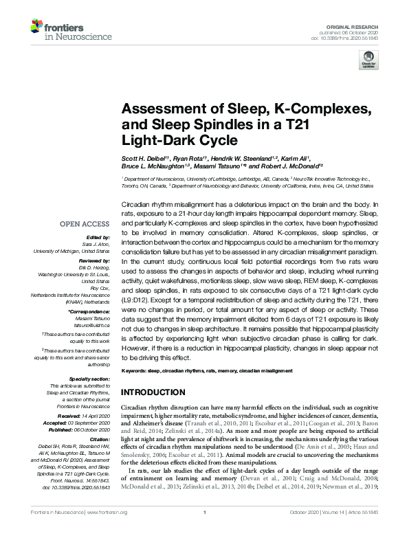 (PDF) Assessment of Sleep, and Sleep Spindles in a T21 LightDark Cycle Masami
