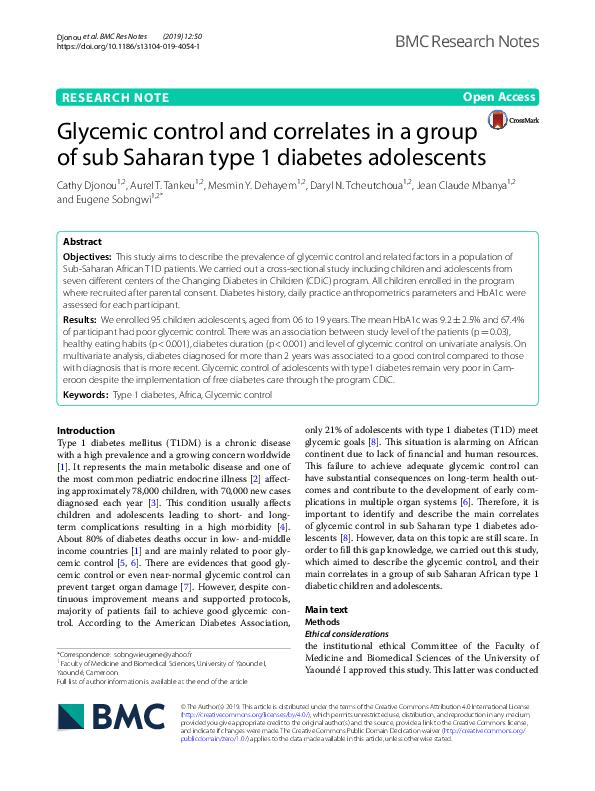 (PDF) Glycemic control and correlates in a group of sub Saharan type 1 ...