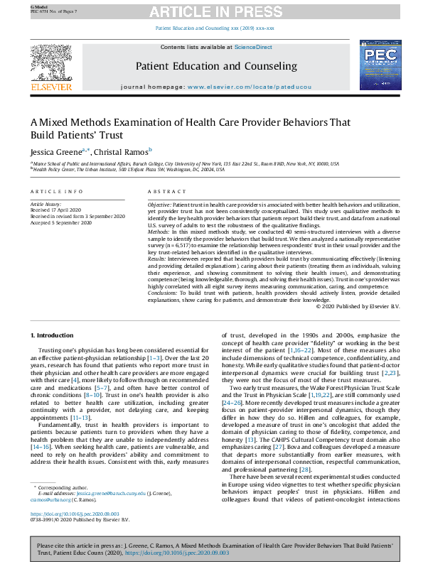 A Mixed Methods Examination of Health Care Provider Behaviors That ...