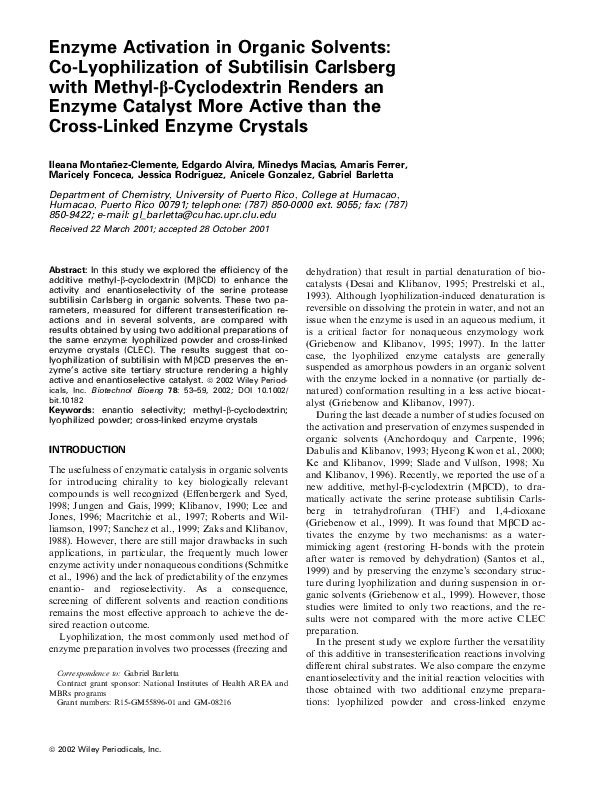 (PDF) Enzyme activation in organic solvents Colyophilization of