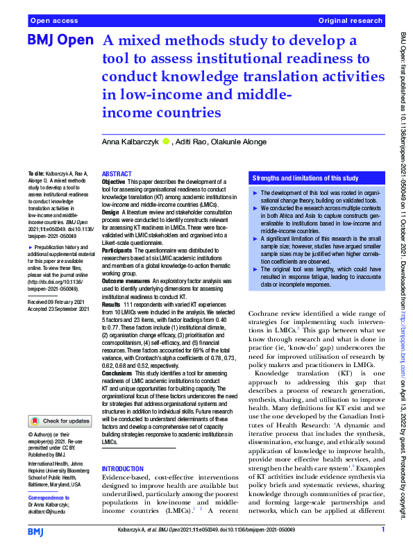 (PDF) A mixed methods study to develop a tool to assess institutional ...