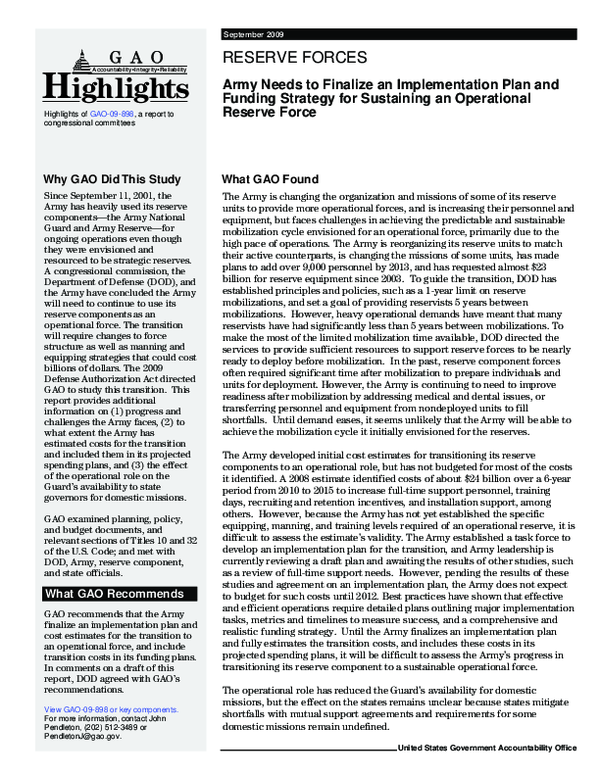 (PDF) Reserve Forces: Army Needs to Finalize an Implementation Plan and ...