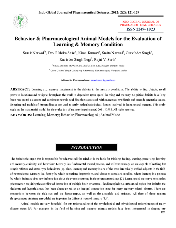 (PDF) Behavior & Pharmacological Animal Models for the Evaluation of ...