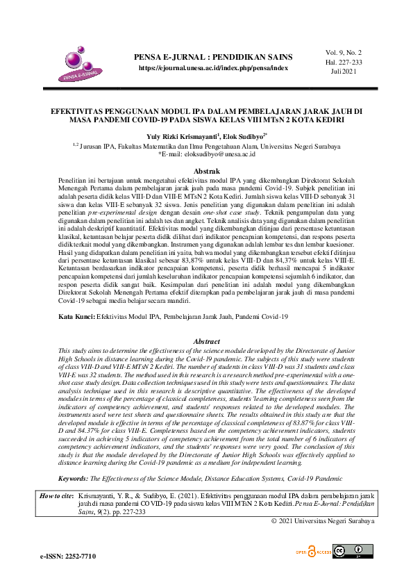 (PDF) EFEKTIVITAS PENGGUNAAN MODUL IPA DALAM PEMBELAJARAN JARAK JAUH DI ...