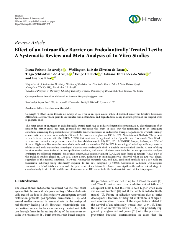 (PDF) Effect of an Intraorifice Barrier on Endodontically Treated Teeth