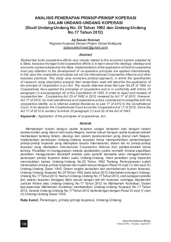 Pdf Analisis Penerapan Prinsip Prinsip Koperasi Dalam Undang Undang