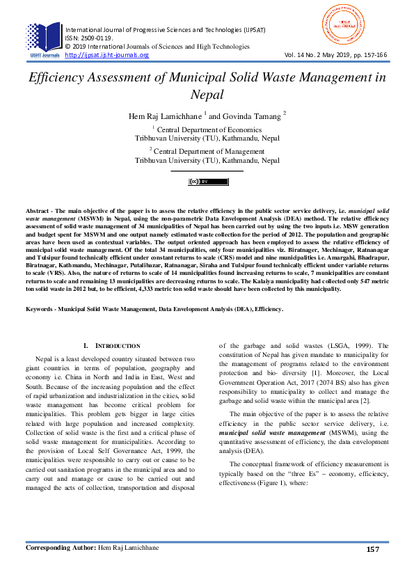 (PDF) Efficiency Assessment of Municipal Solid Waste Management in Nepal