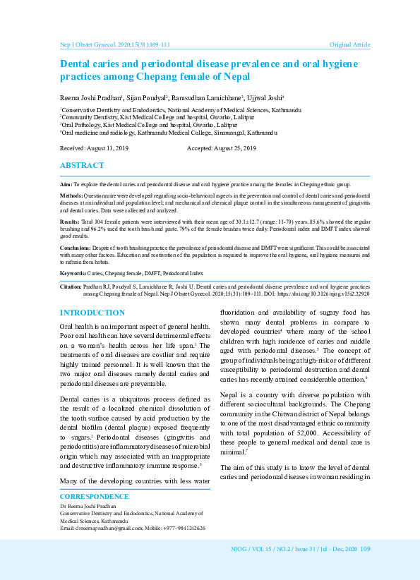 (PDF) Dental caries and periodontal disease prevalence and oral hygiene ...
