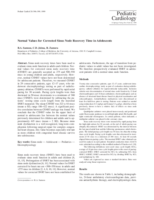 (PDF) Normal Values for Corrected Sinus Node Recovery Time in Adolescents
