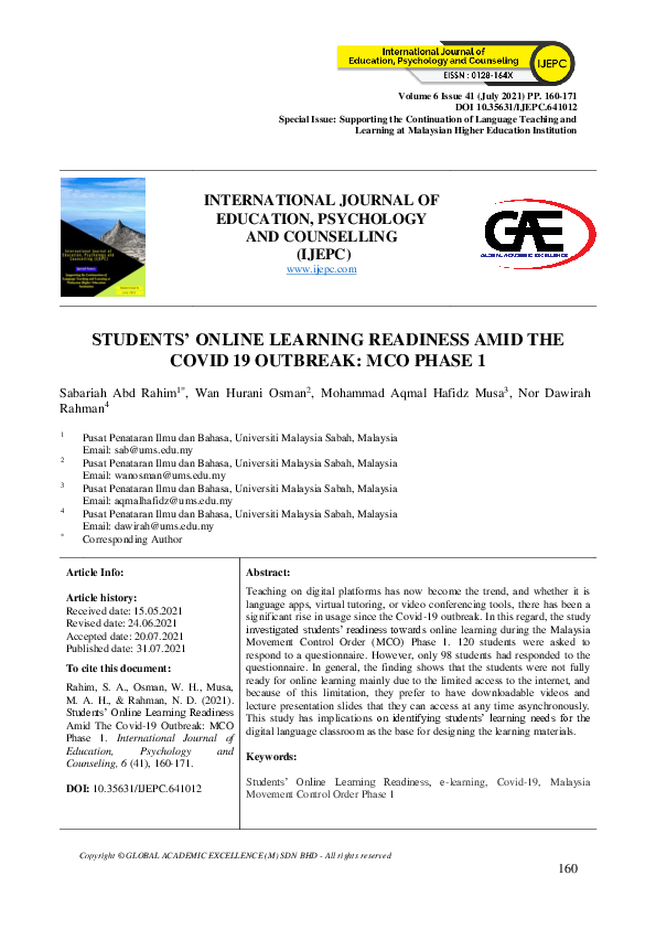 (PDF) Students’ Online Learning Readiness Amid the Covid 19 Outbreak ...