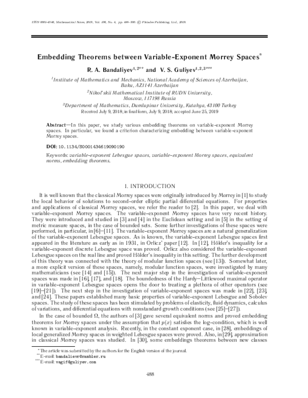 First page of “Embedding Theorems between Variable-Exponent Morrey Spaces”