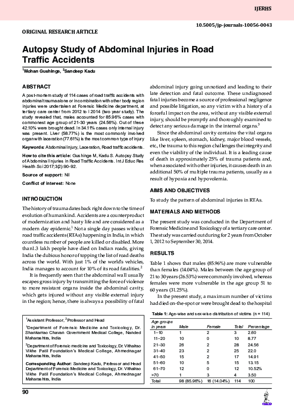 (PDF) Autopsy Study of Abdominal Injuries in Road Traffic Accidents 1