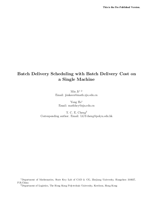 (PDF) Batch delivery scheduling with batch delivery cost on a single ...