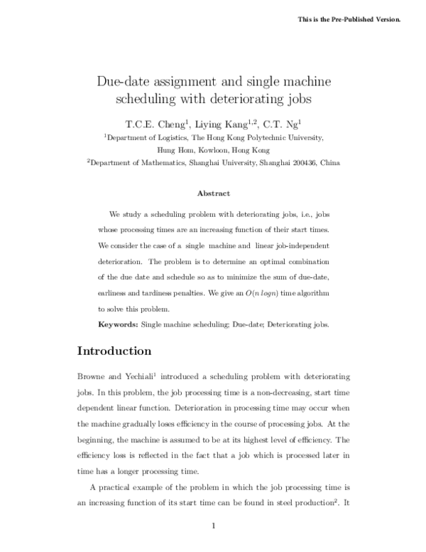 (PDF) Due-date assignment and single machine scheduling with ...