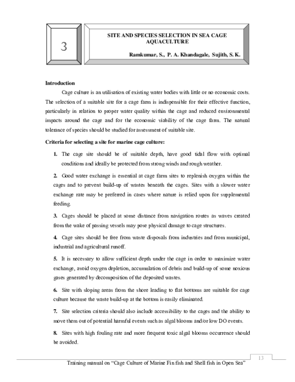 (PDF) Site and species selection in sea cage aquaculture