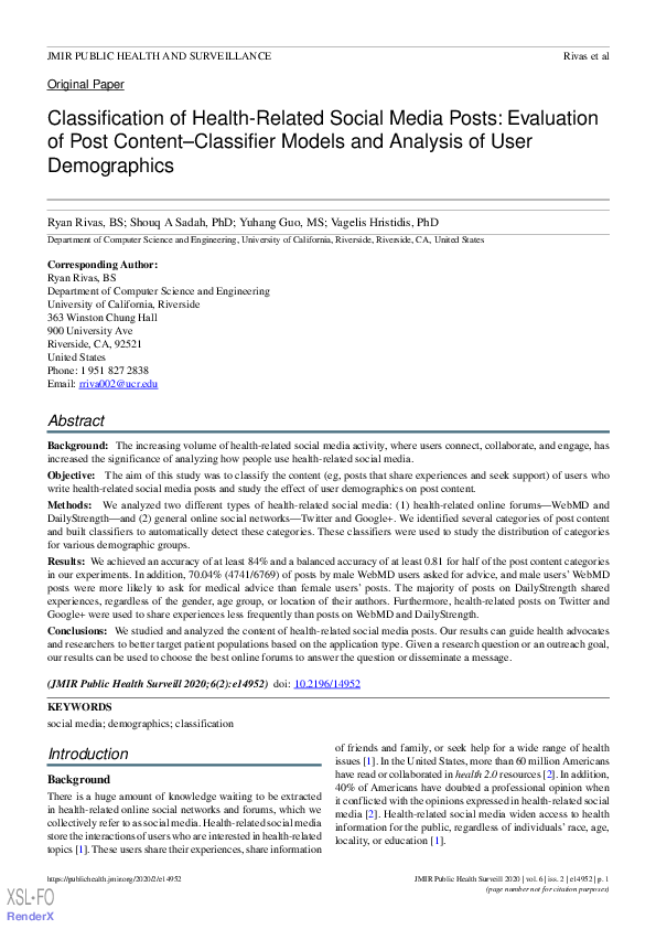 (PDF) Classification of Health-Related Social Media Posts: Evaluation ...