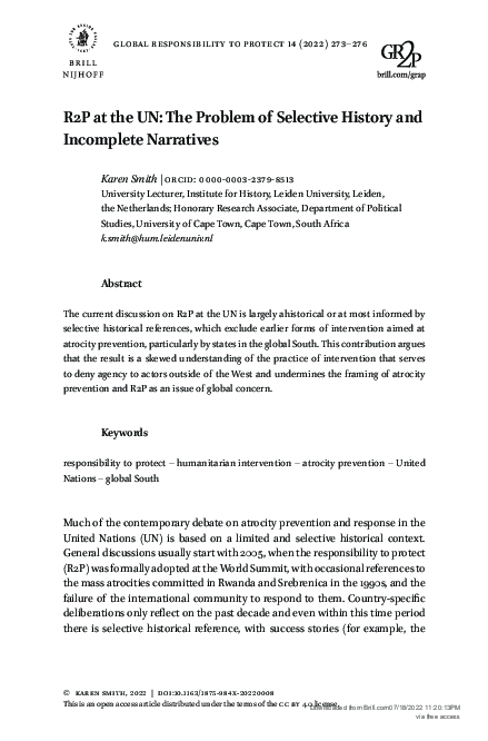 (PDF) R2P at the UN: The Problem of Selective History and Incomplete ...