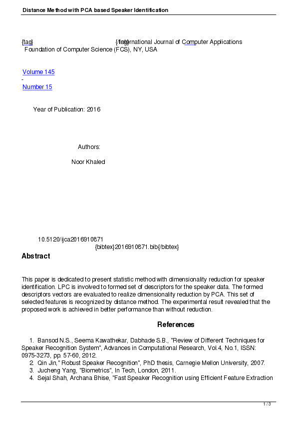 (PDF) Distance Method with PCA based Speaker Identification