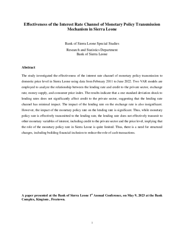 (PDF) Effectiveness of the Interest Rate Channel of Monetary Policy ...