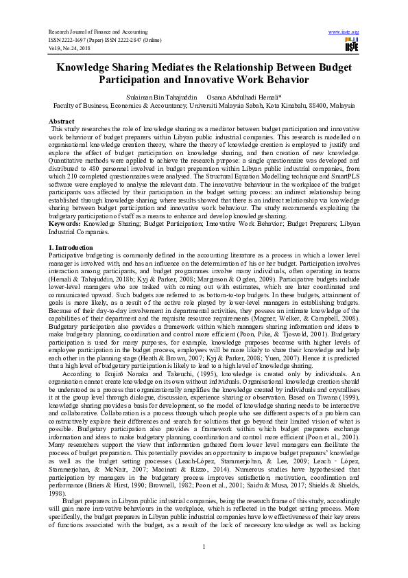 (PDF) Knowledge Sharing Mediates the Relationship Between Budget ...