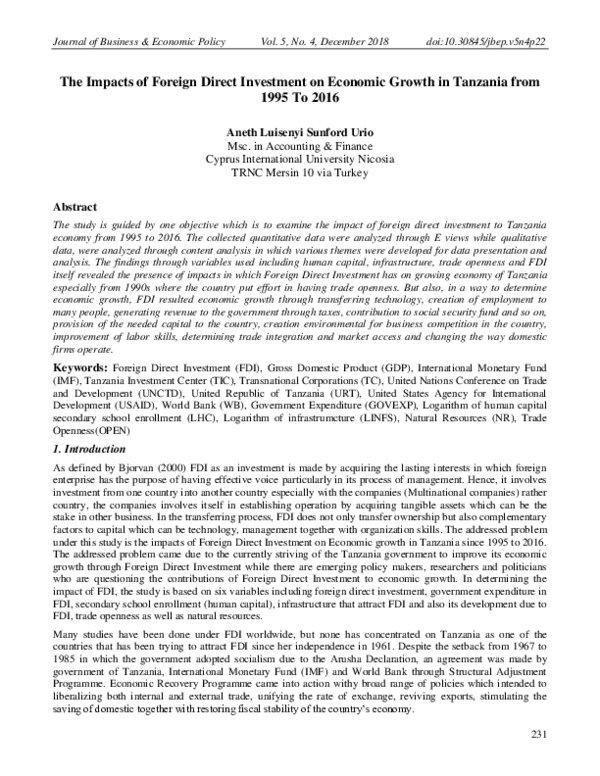 (PDF) The Impacts of Foreign Direct Investment on Economic Growth in ...