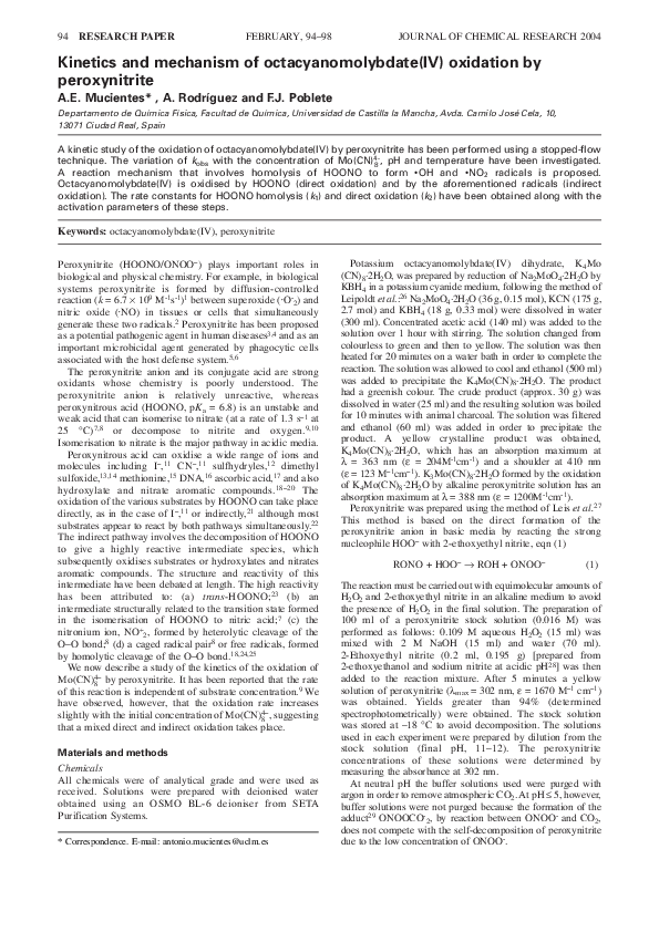 PDF) Kinetics and mechanism of octacyanomolybdate(IV) oxidation by peroxynitrite