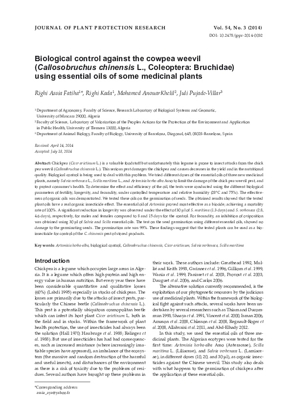 (PDF) Biological Control Against the Cowpea Weevil (Callosobruchus ...