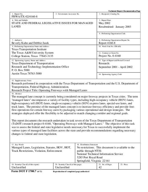 (PDF) State and Federal Legislative Issues for Managed Lanes