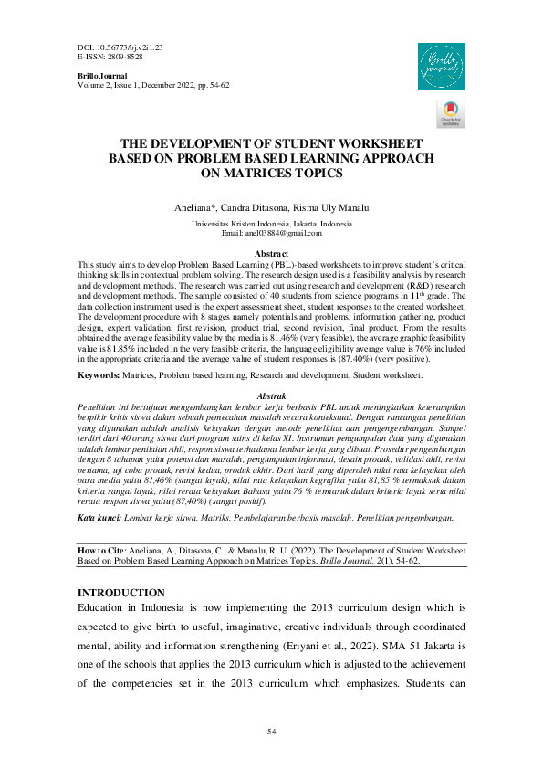 (PDF) The Development of Student Worksheet Based on Problem Based ...