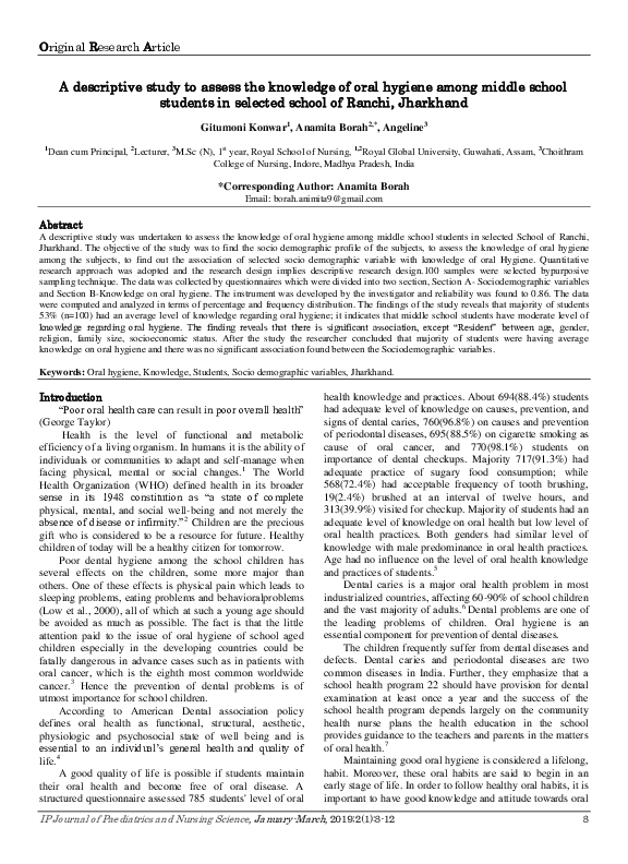 (PDF) A descriptive study to assess the knowledge of oral hygiene among ...