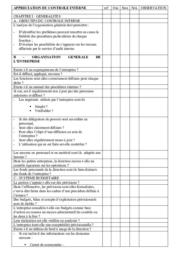(DOC) APPRECIATION DU CONTROLE INTERNE ref Oui Non N/A OBSERVATION ...