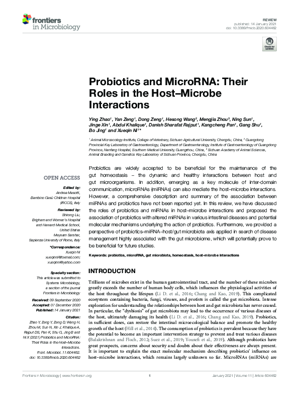 (PDF) Probiotics and MicroRNA: Their Roles in the Host–Microbe Interactions