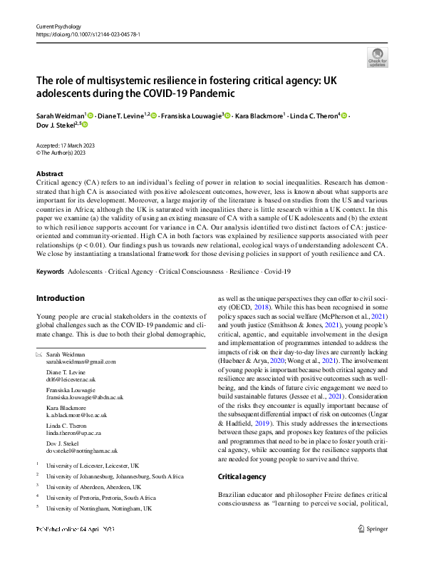 (PDF) The role of multisystemic resilience in fostering critical agency ...