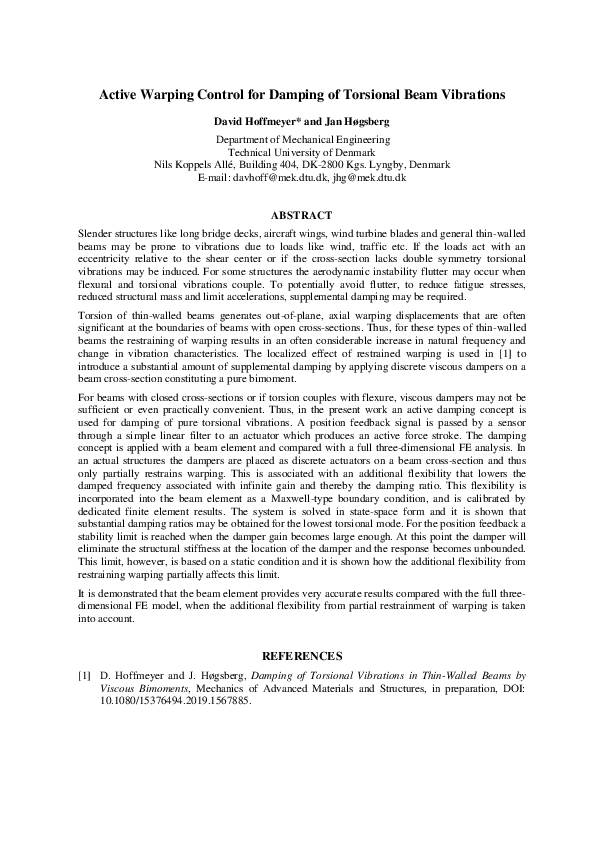 (PDF) Active Warping Control For Damping Of Torsional Beam Vibrations