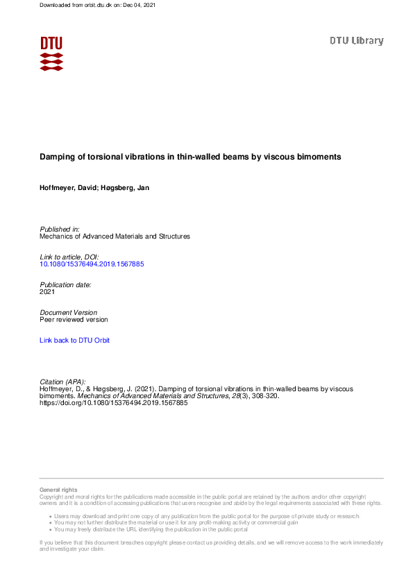(PDF) Damping of torsional vibrations in thin-walled beams by viscous ...