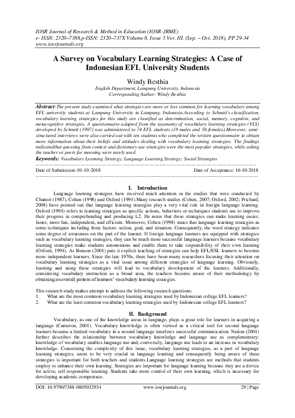 (PDF) A Survey On Vocabulary Learning Strategies A Case Of