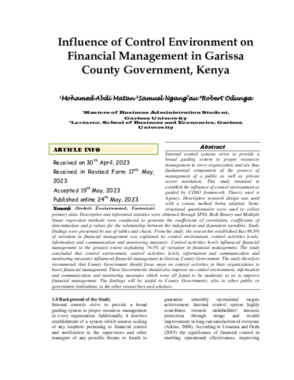 (PDF) Influence of Control Environment on Financial Management in ...