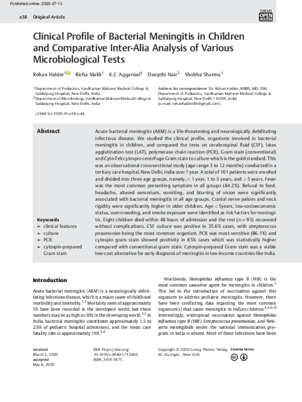 (PDF) Clinical Profile of Bacterial Meningitis in Children and ...