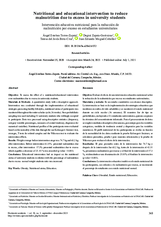 (PDF) Nutritional and educational intervention to reducemalnutrition ...