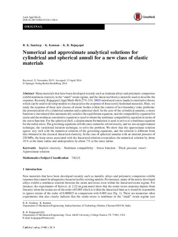 (PDF) Numerical and approximate analytical solutions for cylindrical ...
