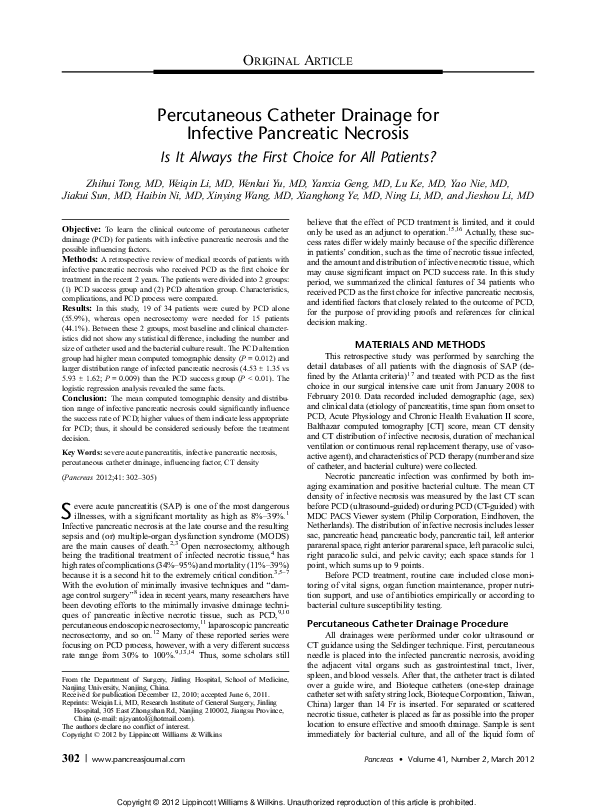 (PDF) Percutaneous Catheter Drainage for Infective Pancreatic Necrosis