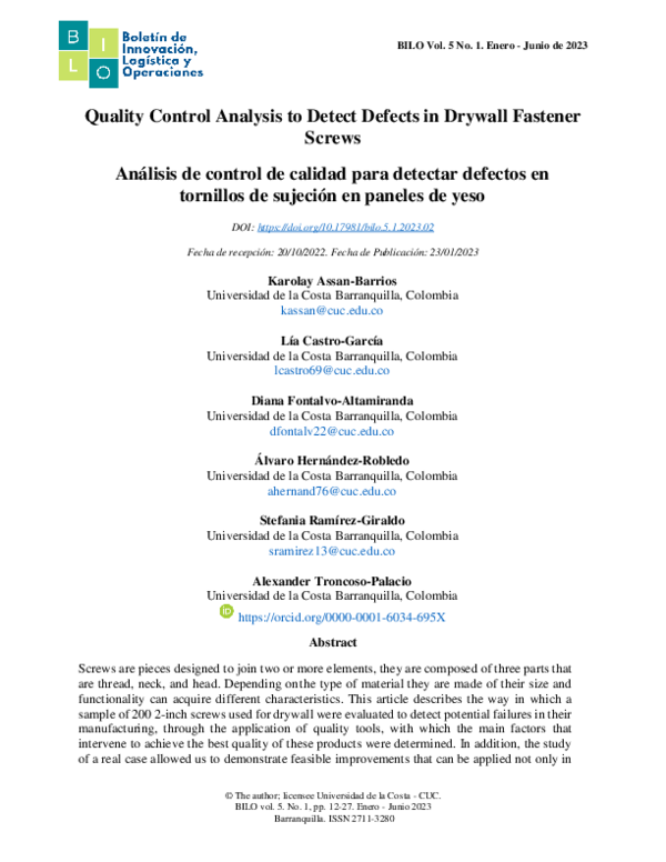 (PDF) Quality Control Analysis to Detect Defects in Drywall Fastener Screws