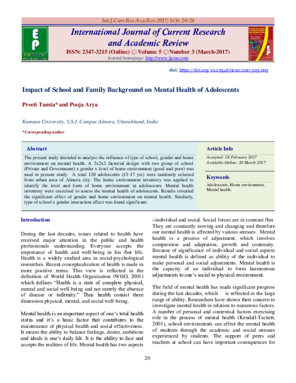(PDF) Impact of School and Family Background on Mental Health of ...