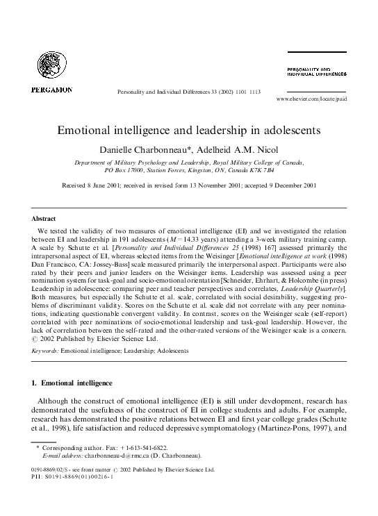 (PDF) Emotional intelligence and leadership in adolescents