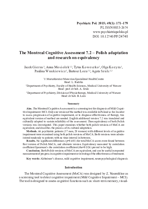 (PDF) The Montreal Cognitive Assessment 7.2 – Polish adaptation and ...